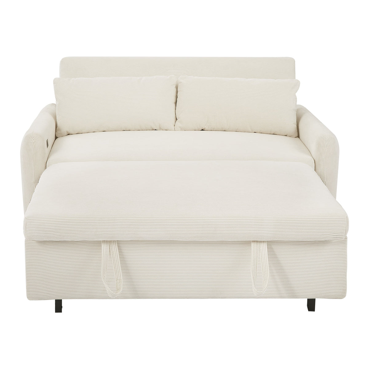 Modern Convertible Pull-out Sofa Bed with USB Ports and Pillows, Beige Corduroy, 57.48 inches