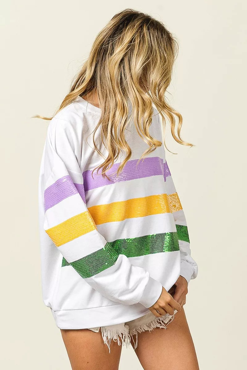 BiBi Sequin Mardi Gras Striped Round Neck Sweatshirt