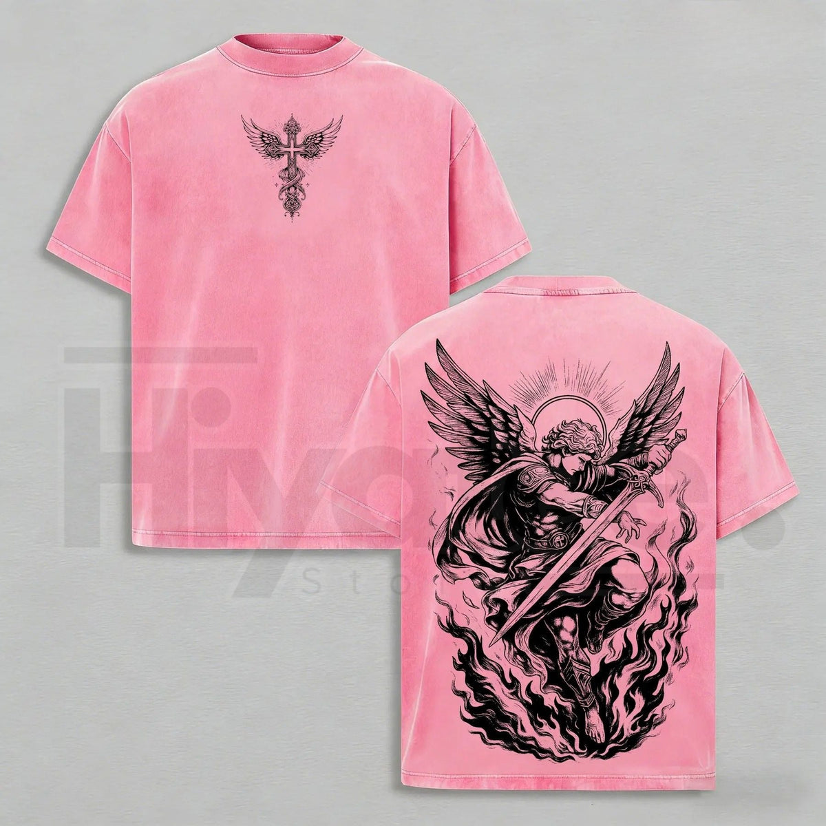 Archangel Michael "Angel of Fire" Vintage Washed Oversized Tee – Heavy Cotton Christian Streetwear