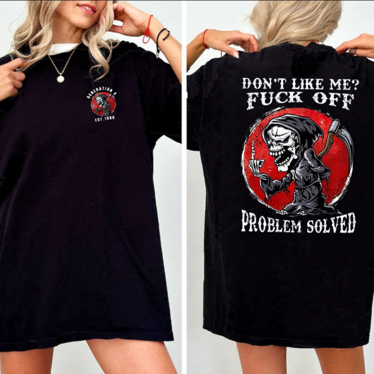 Don’t Like Me F*ck Off Problem Solved T-Shirt – Funny Halloween Graphic Tee, Unisex Casual Cotton Shirt