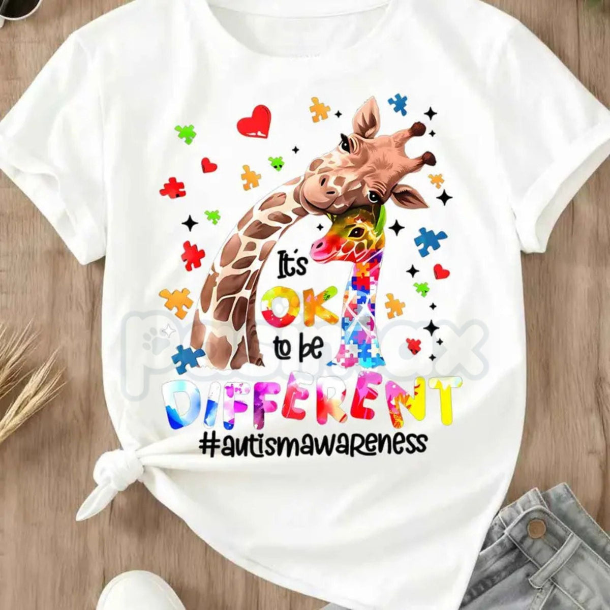 "Different is Beautiful" Artistic Giraffe T-Shirt – Autism Awareness Hearts & Puzzle Print, Premium 100% Cotton Neurodiversity Top, Soft Lived-In Heavyweight Women's Advocacy Wear, Made in USA