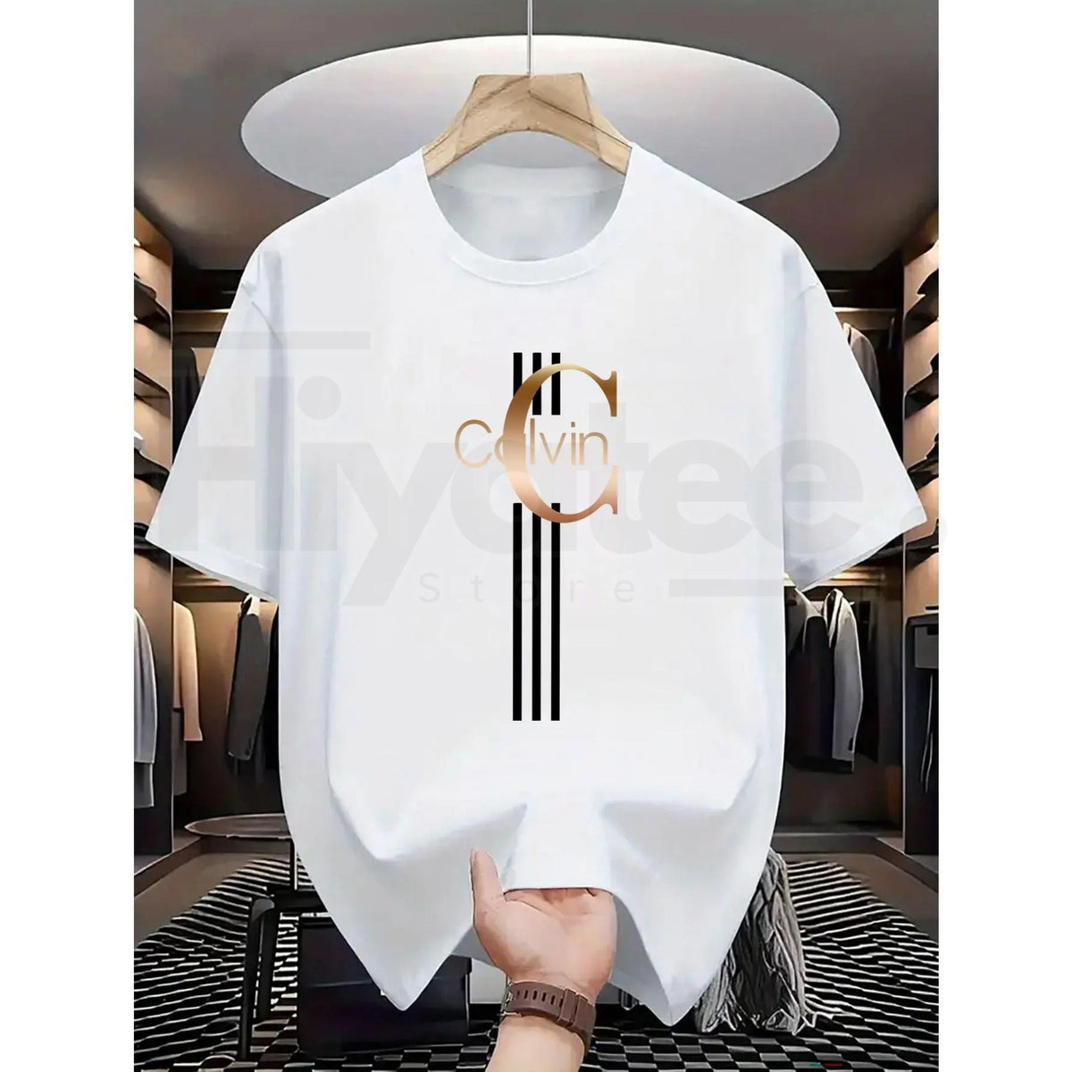Men's Casual Calvin Print T-Shirt – Black & Gold Striped Street Style Essential