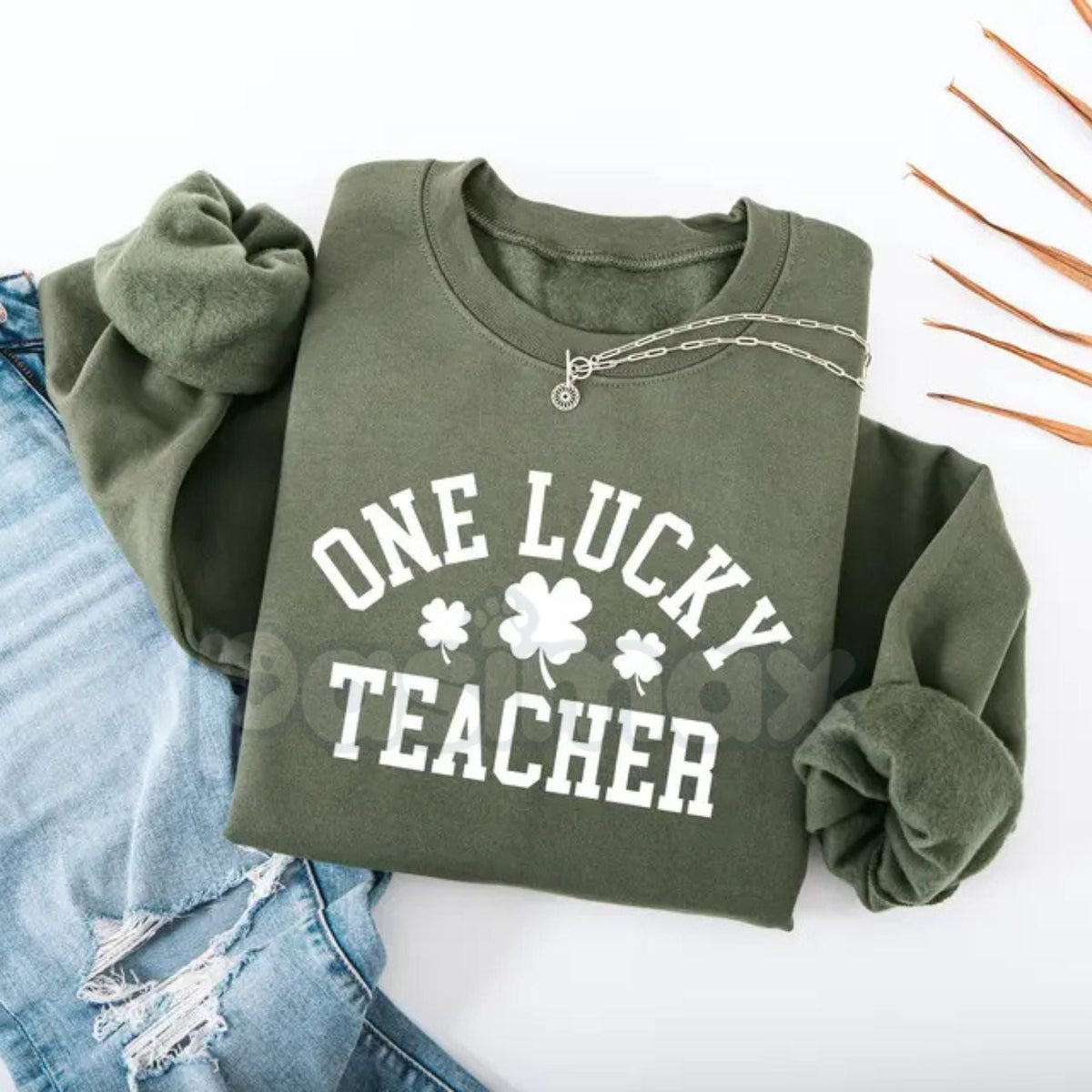 One Lucky Teacher Adult Sweatshirt | Green Varsity Lettering St Patrick's Day Crewneck | Shamrock Accent Teacher Pullover | Lucky Educator Holiday Outfit | Retro Varsity St Pattys Shirt | Soft Cozy Teacher Gift Jumper