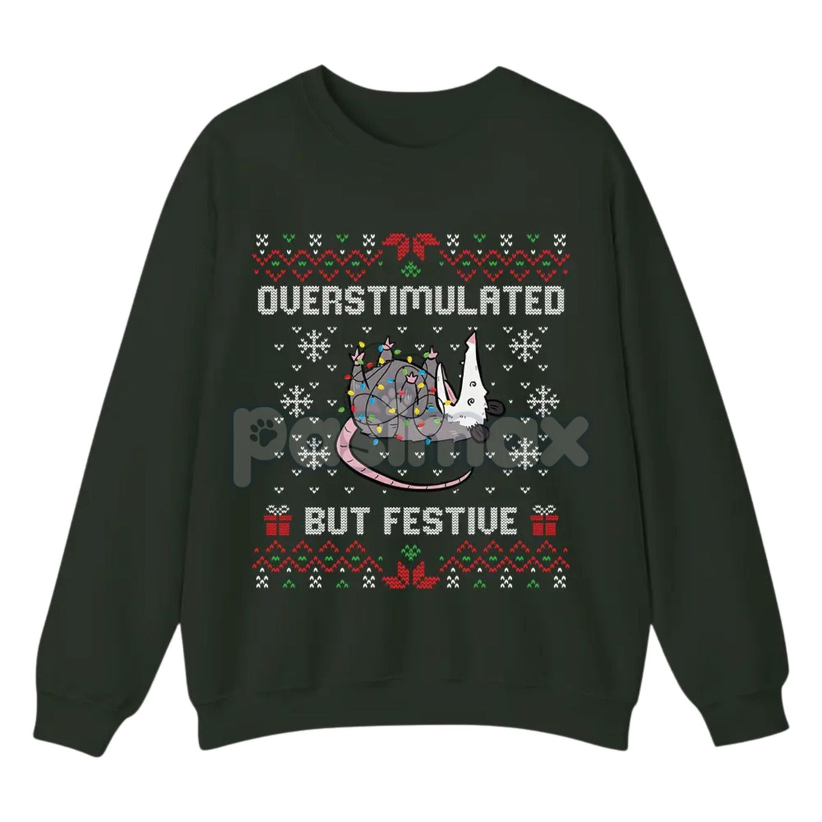 Funny Opossum Christmas Sweatshirt – "Overstimulated But Festive" Ugly Holiday Top