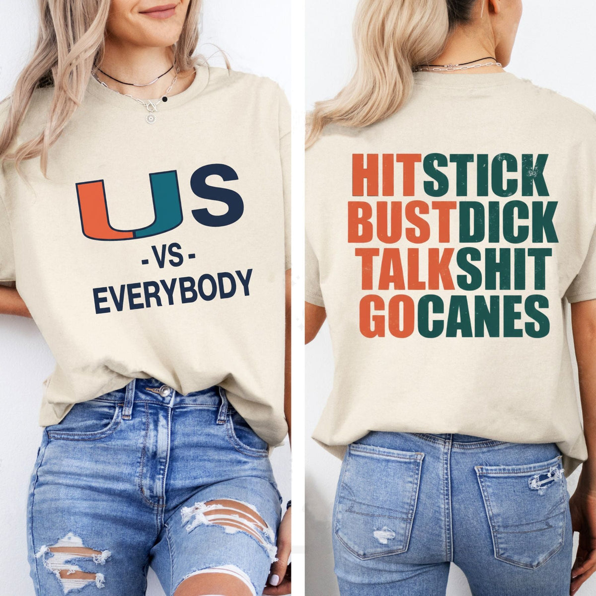 "Hit Stick Bust Dick Talk Shit" Miami Hurricanes Fan T-Shirt - Hard-Hitting U Football Tee, Sarcastic Miami Defense Graphic Shirt, Funny Hurricanes Tailgate Apparel