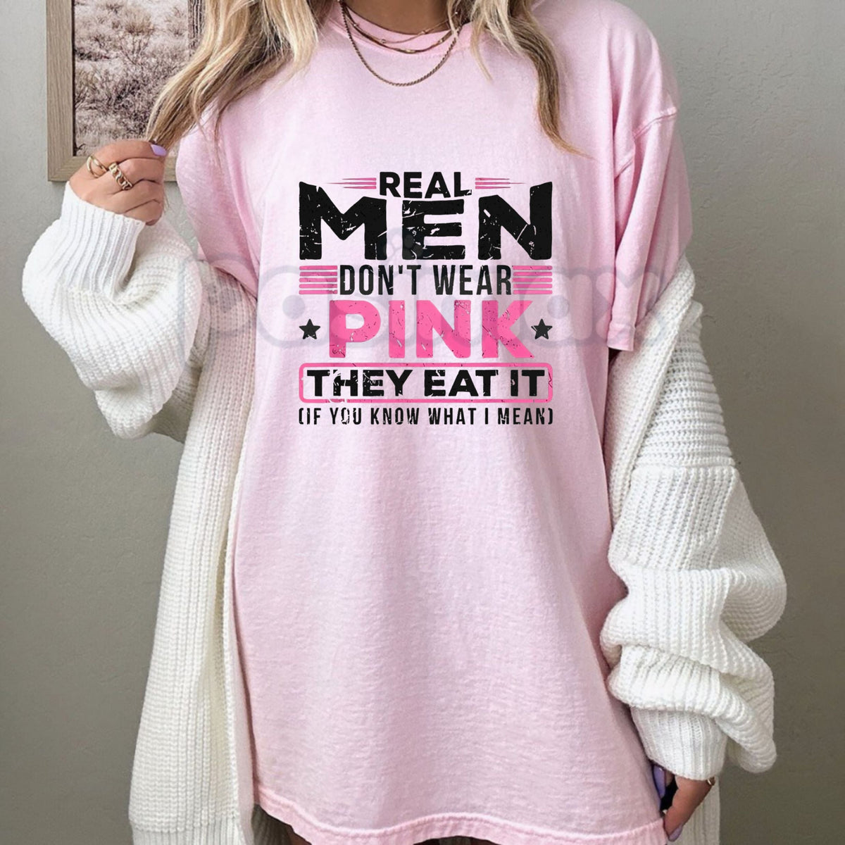 "Real Men Don't Wear Pink" Absurdist Cat T-Shirt - Funny Surreal Humor Graphic Tee, Irony Core Weird Text Shirt, Premium Heavyweight Unisex Streetwear, Bizarre Meme Culture Top, Sarcastic Nonsense Slogan Apparel