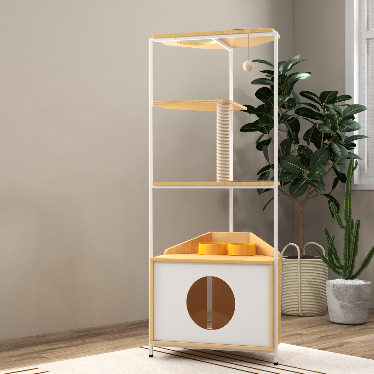 Modern Corner Cat Tower with Scratching Post, Cat Condo and Feeding Station, White and Light Oak Particle Board, 58.27-inch Height
