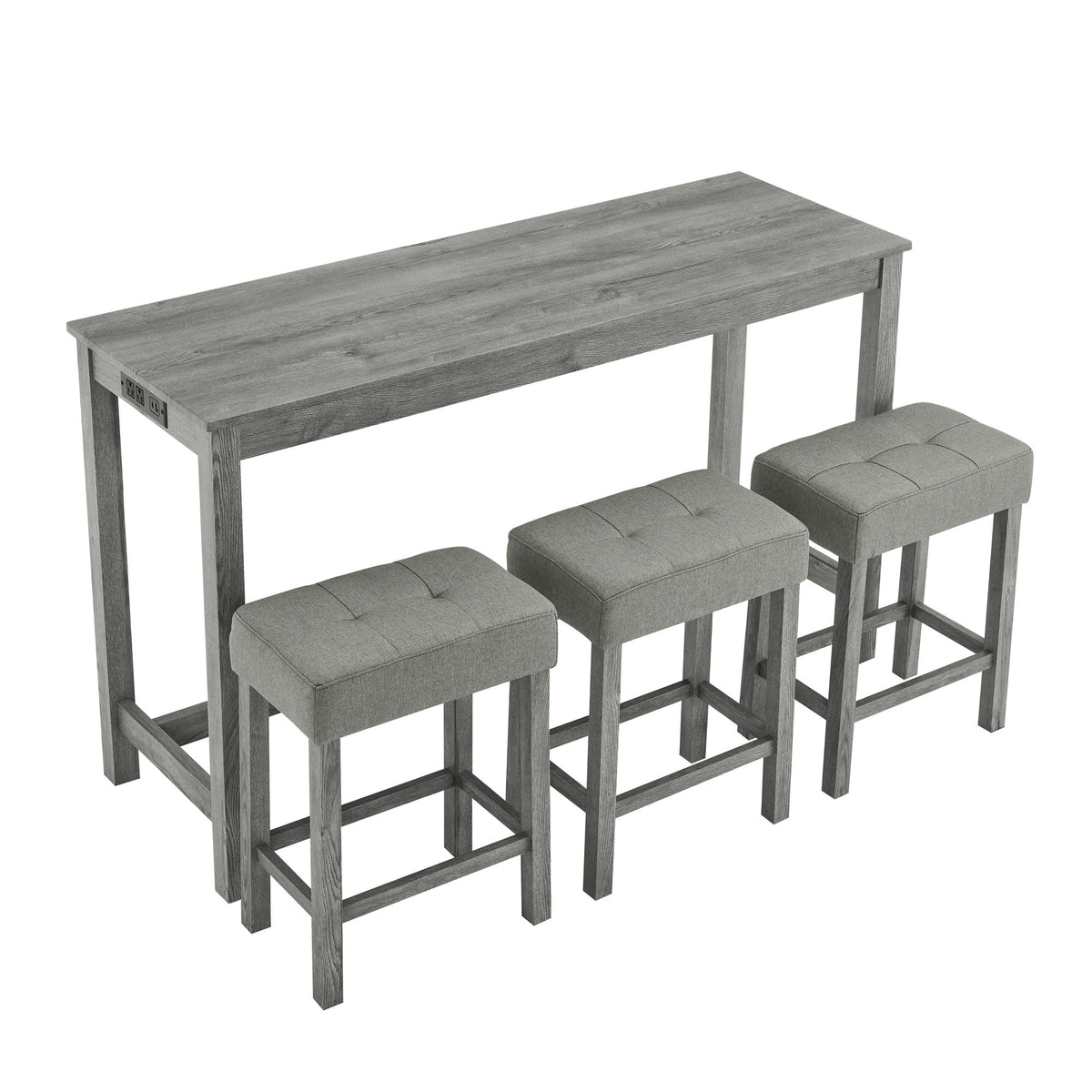 59 Inch Bar Table, Dining Table, Sofa Table with Power Outlet, 3 Upholstered Stools, 4 Piece Bar Table and Chair Set for Living Room, Dining Room, Kitchen