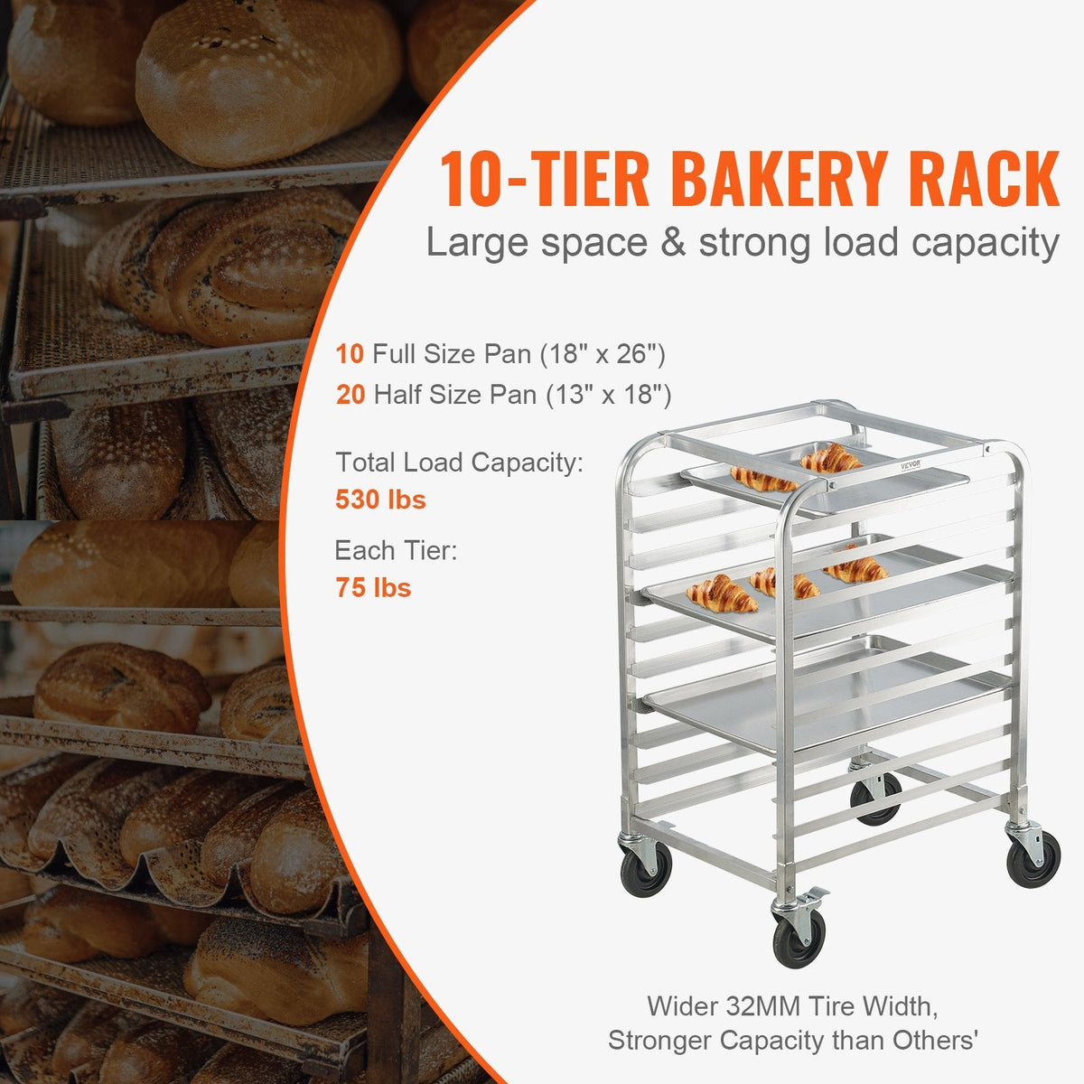 Bun Pan Rack, 10-Tier Commercial Bakery Racks with Brake Wheels, Aluminum Racking Trolley Storage for Half & Full Sheet, Speed Rack For Kitchen Home, Bread Baking Equipment, 26'L x 20.3'W x 39'H