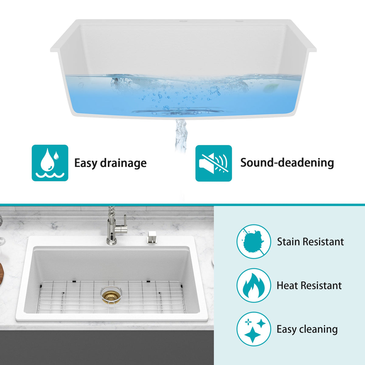 33 x 22 Inches White Granite Composite Quartz Kitchen Sink with Workstation Features and Drop-In Design