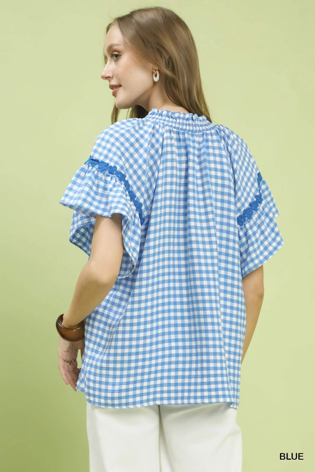 Umgee Gingham Lace Trim Top