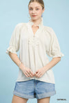 Umgee Linen Scalloped Ruffle Neck Blouse