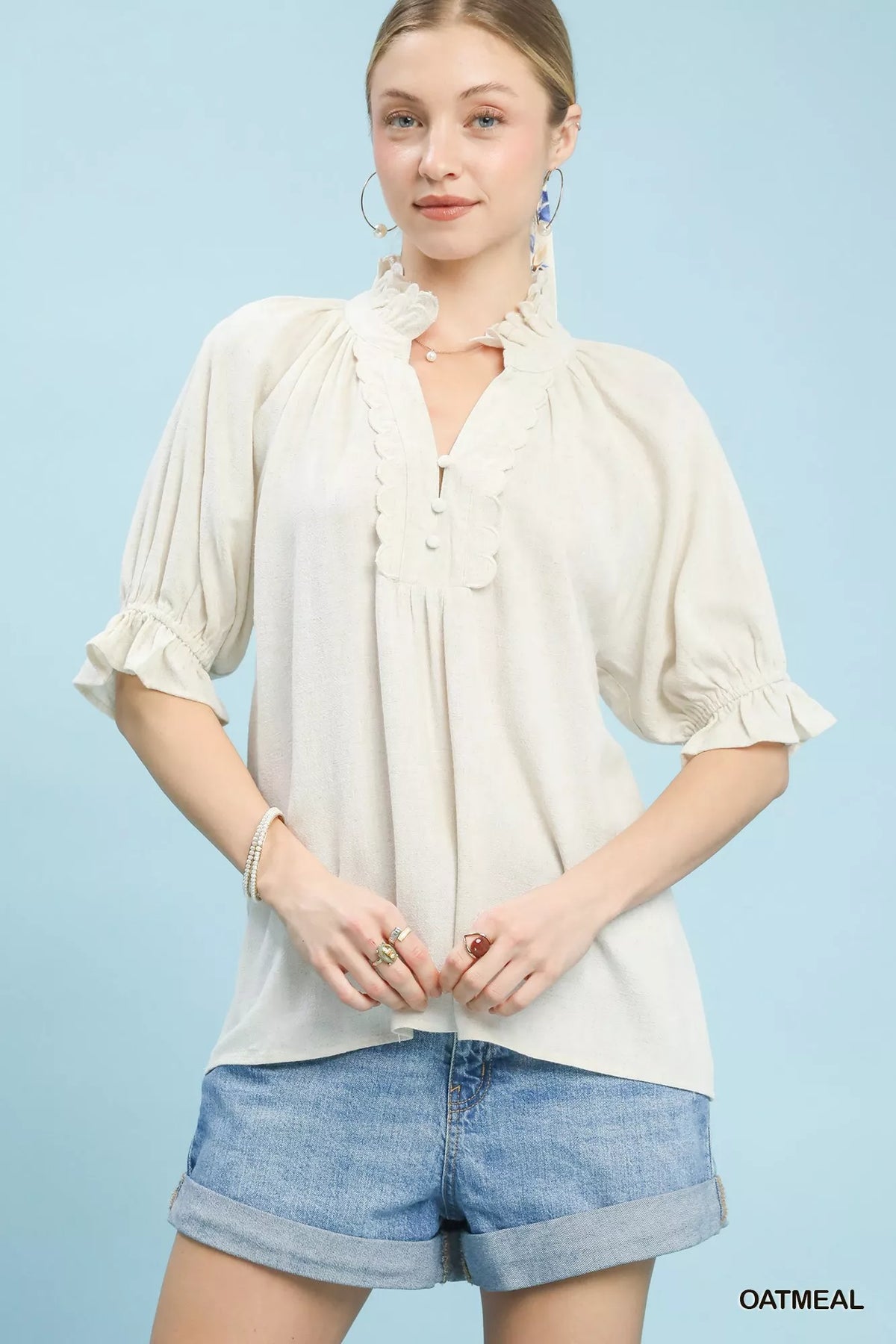 Umgee Linen Scalloped Ruffle Neck Blouse