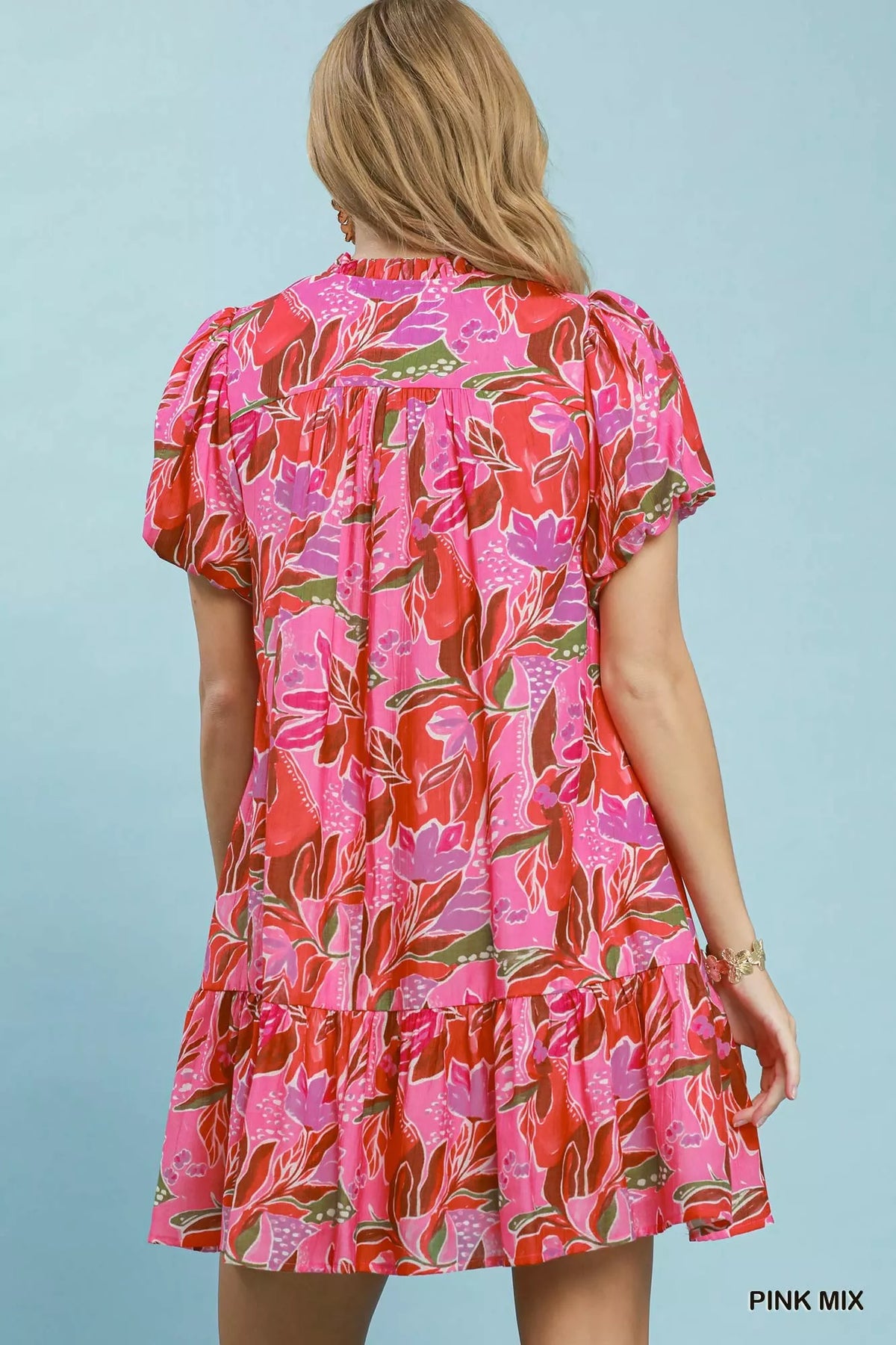 Umgee Tropical Floral Puff Sleeve Tiered Mini Dress