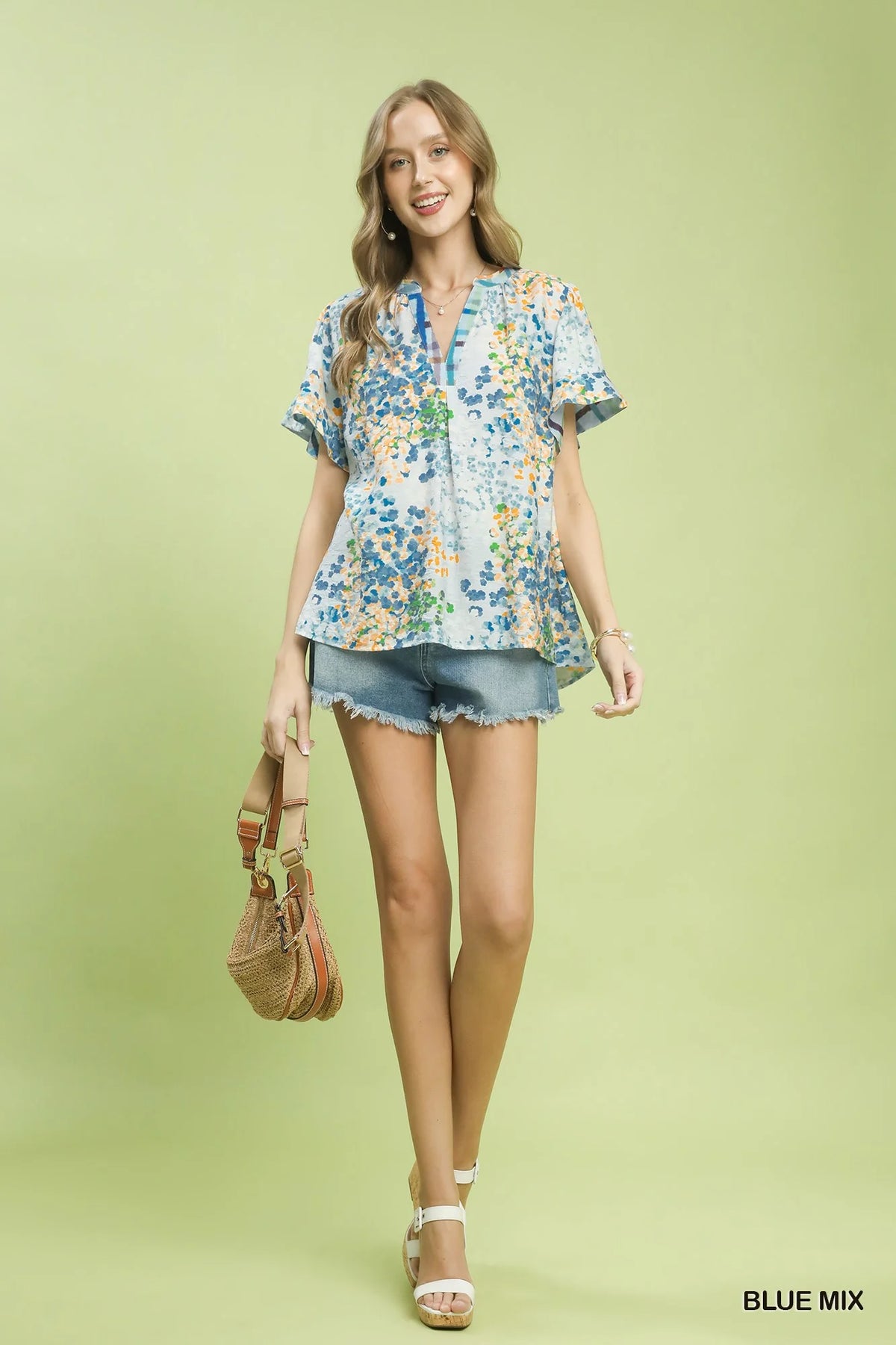 Umgee Mix Media Flutter Sleeve Blouse