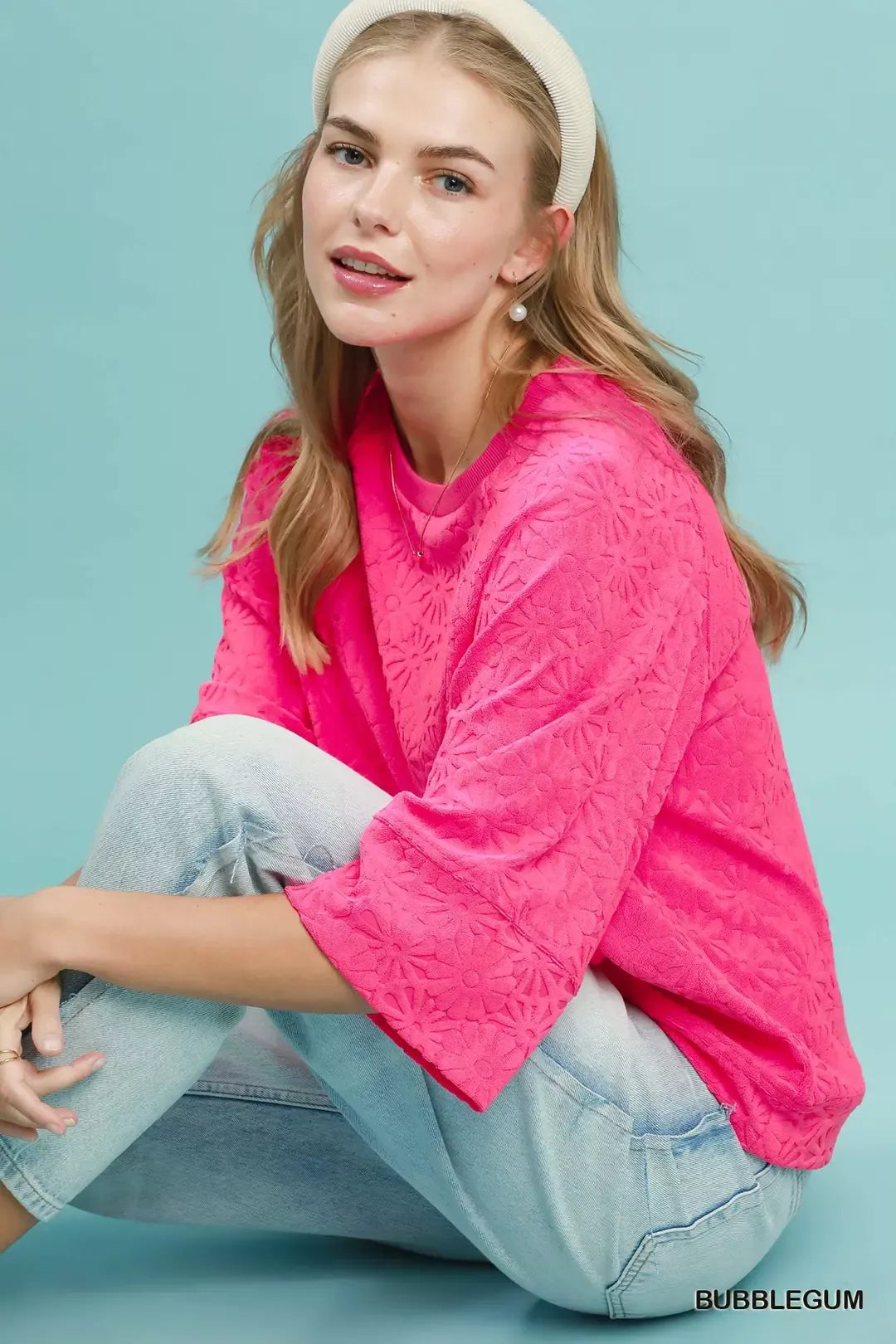 Round Neck Textured Floral Terry Blouse