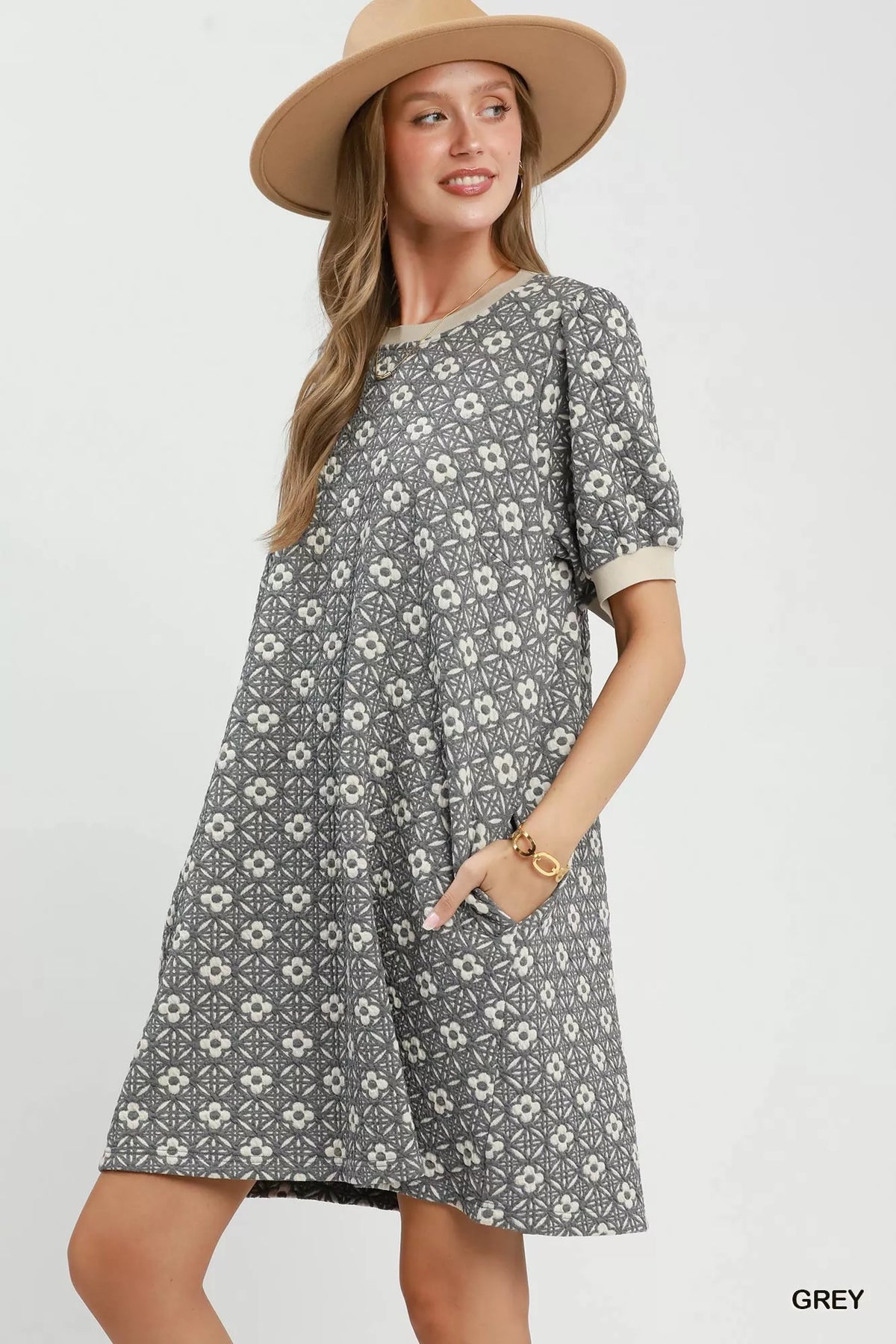 Umgee Floral Textured Puff Sleeve Mini Dress