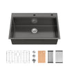 Stainless Steel Kitchen Sink, 33″x22″ Single Bowl, Overmount Handmade Sink in Black, with Cutting Board, Colander, Grid, SS-BL-01