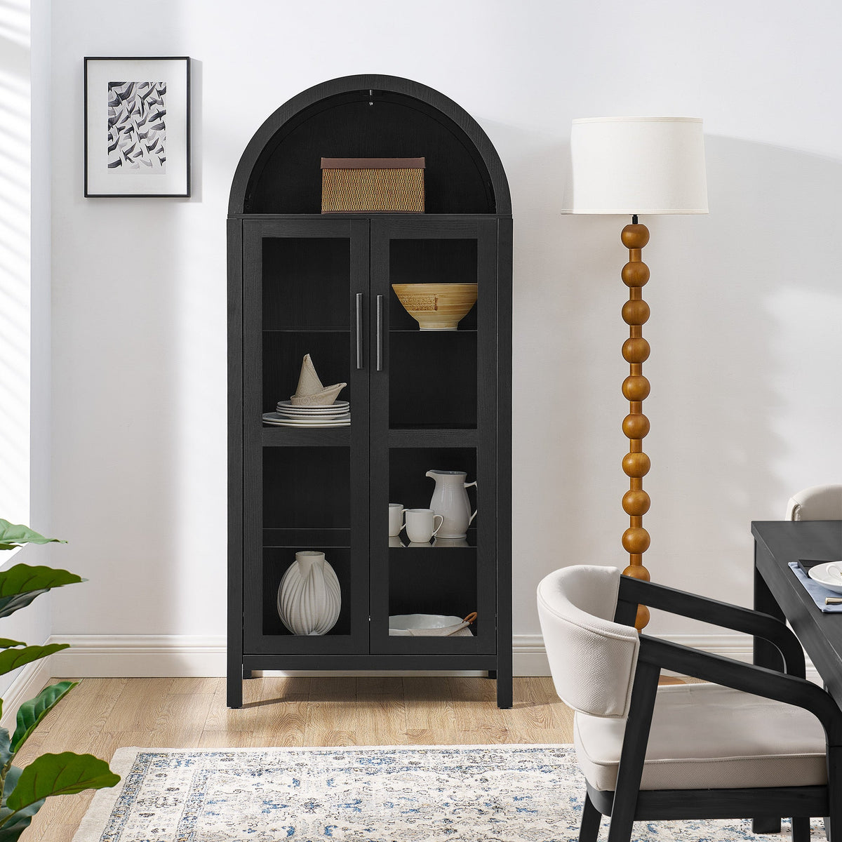A high arched storage cabinet with a lamp, a modern retro-style wooden storage cabinet with adjustable glass partitions, suitable for use as a multi-functional cabinet in kitchens-Black