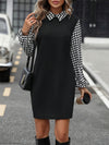 Timeless Black Collared Neck Long Sleeve Mini Dress Vintage Design Classic Women Dress