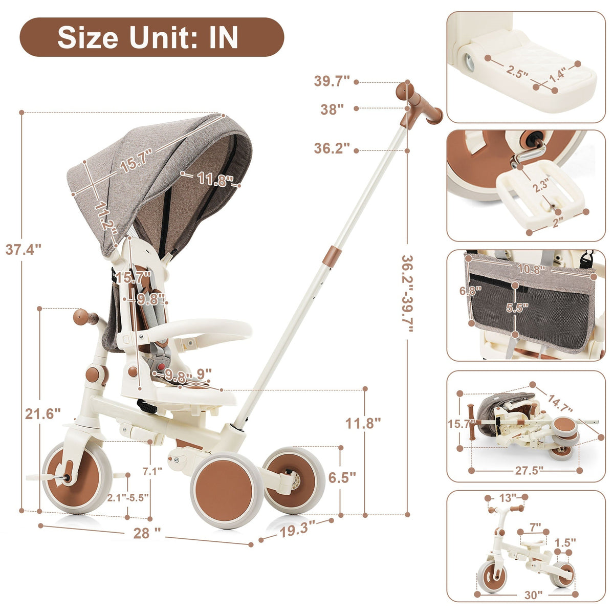 7 in 1 Baby Tricycle, Foldable Toddler Tricycle with Removable and Adjustable Parent Handle, Toddler Push Bike with Removable Pedal, Canopy, and Guardrail, Tricycle for 12-72 Months, ivory and brown
