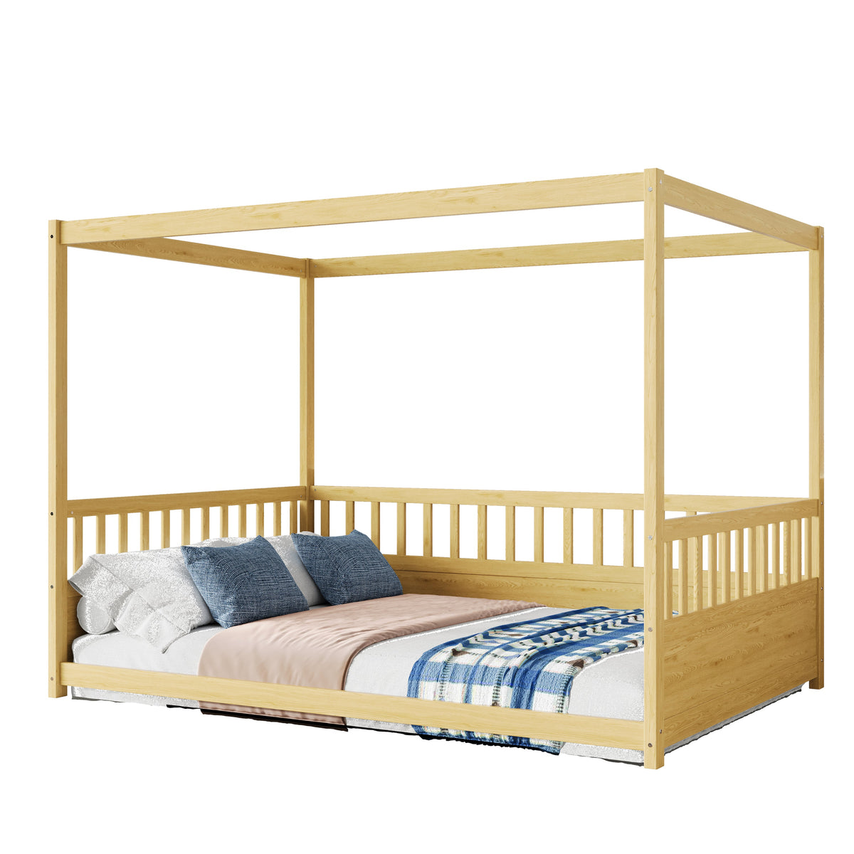 Full Size Canopy Bed Frame with Guardrails for Kids,Floor Bed Full with Four Poster Design,Kids Montessori Floor Bed,Wood Canopy Bed Frame for Girls,Boys(Full,Natural)