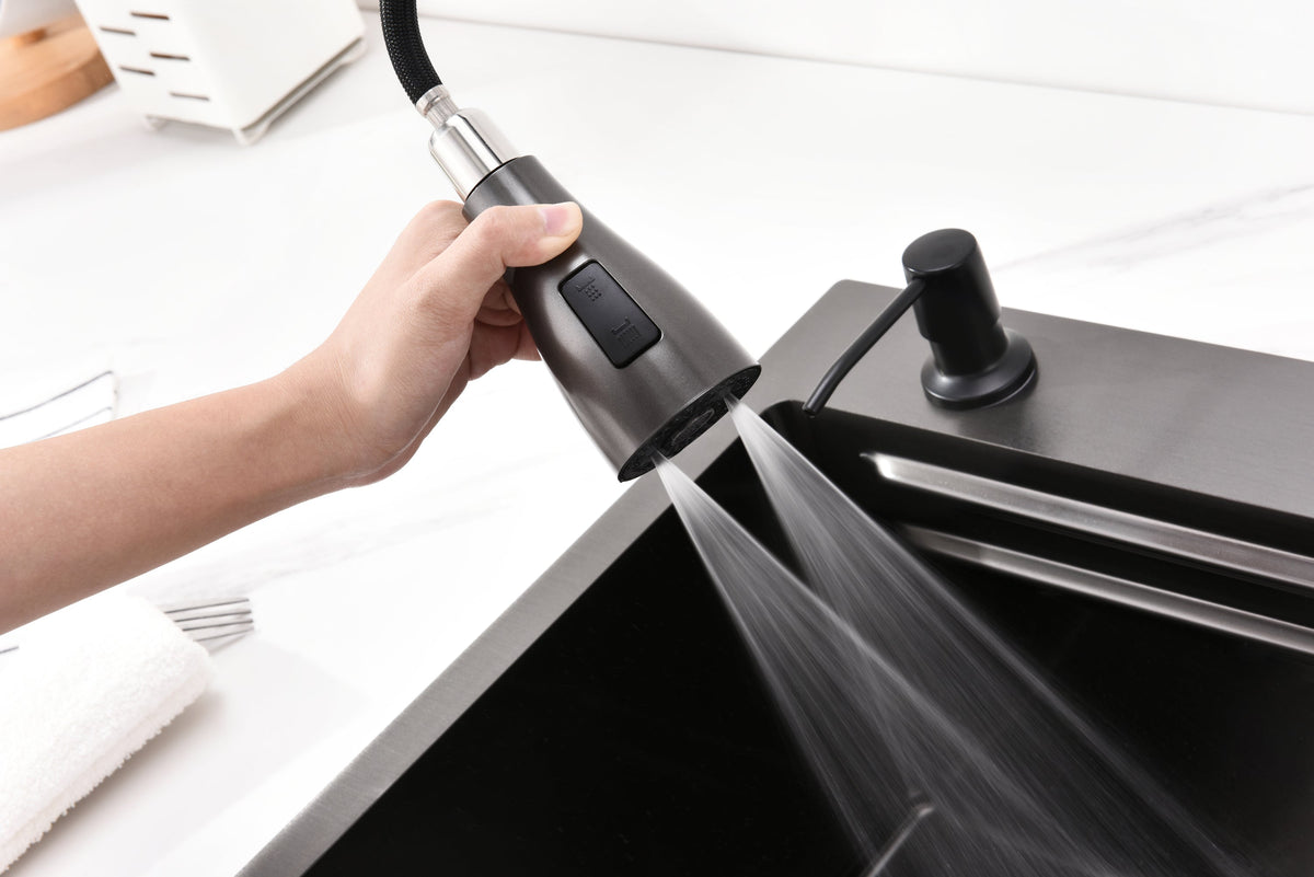 Waterfall Kitchen Sink, Stainless Steel Single Bowl in Black, Multifunctional Workstation with Flying-rain Faucet and Cutting Board, 30×18″ Stainless Steel Single Bowl Sink, LS-SSBL05