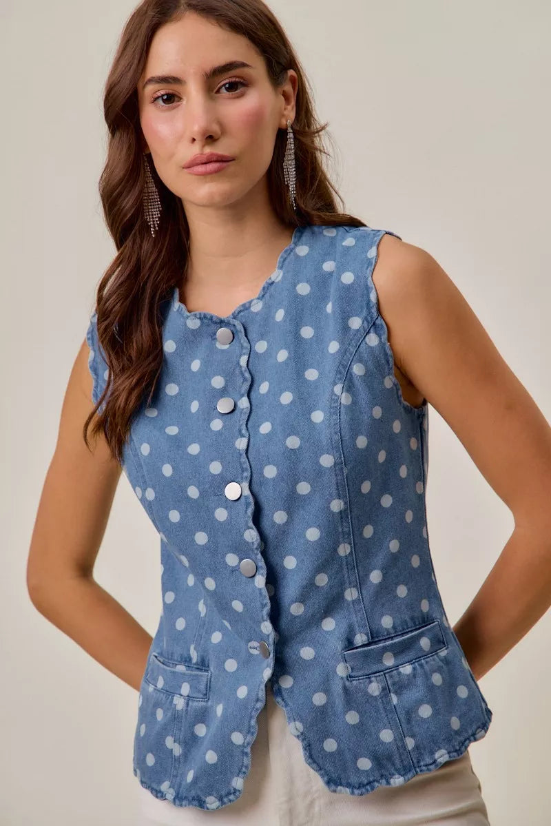 SO ME Polka Dot Denim Scallop Edge Button Down Vest Top