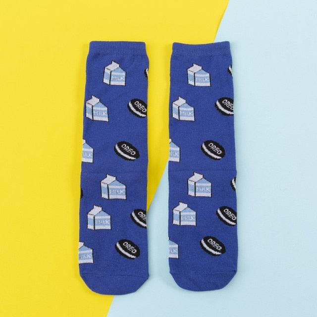 Women's Colorful Cotton Socks Fruits Banana Avocado Lemon Egg Cookie Donuts Food Happy Color Socks