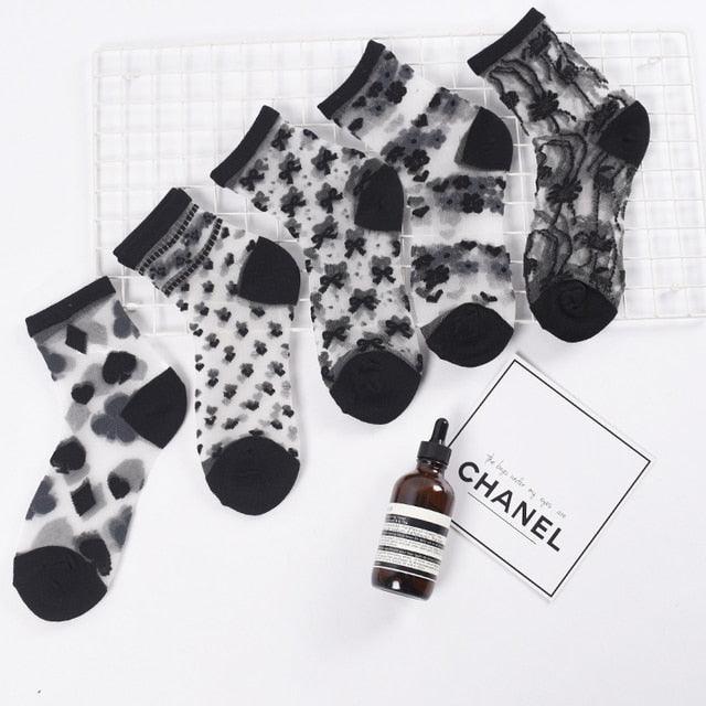 5 Pairs Young Girl Funny Cute Fashion Colorful Candy Dot Red Lips Wave Socks Sweet Women Thin Summer Ankle Crystal Sheer Socks For Women
