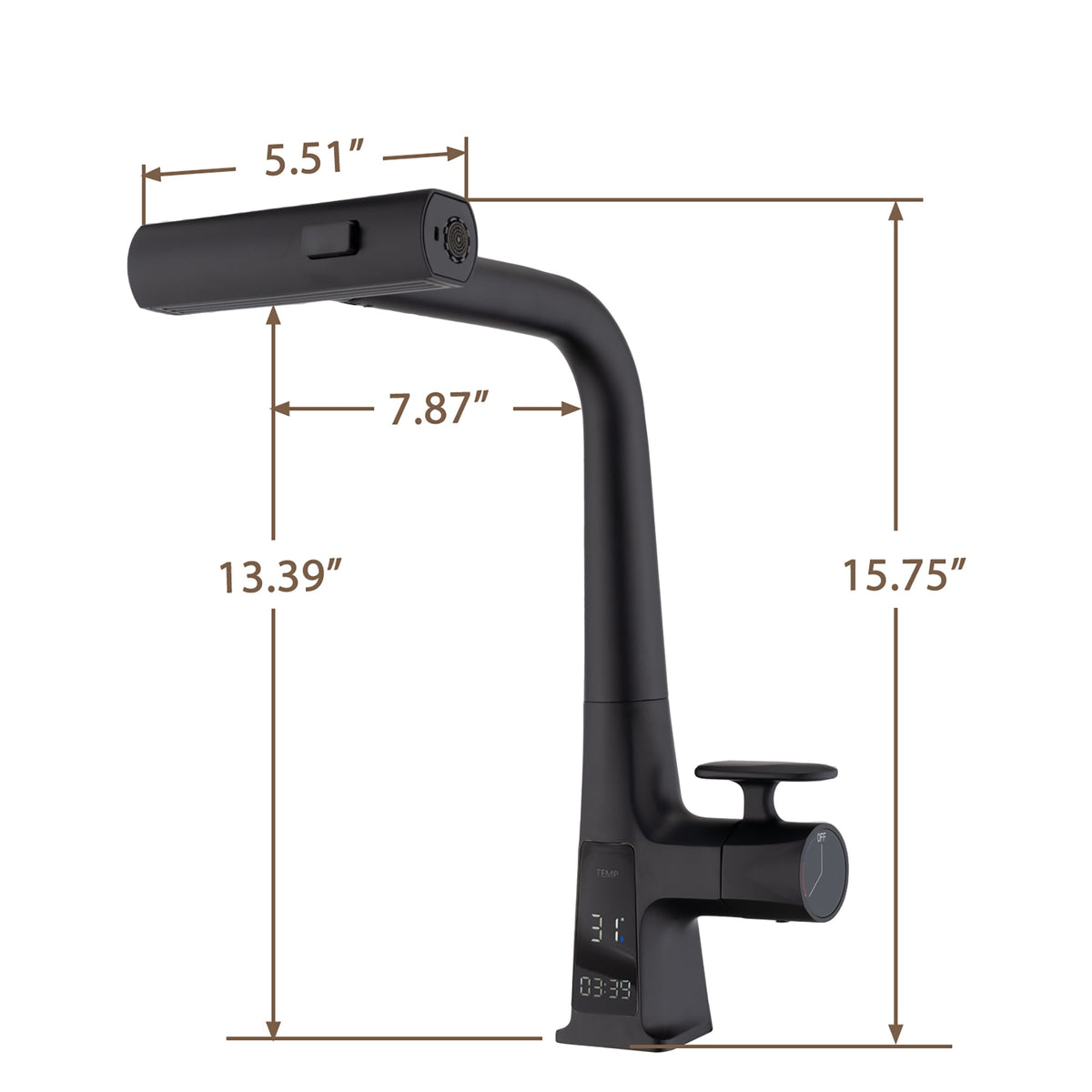 Modern Matte Black Waterfall Kitchen Faucet with Temperature Display and Pull Down Sprayer, Zinc Construction, 15.75-Inch Height