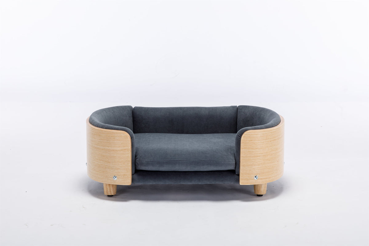 Scandinavian style Elevated Dog Bed Pet Sofa With Solid Wood legs and Bent Wood Back, Velvet Cushion,Mid Size,Dark Grey