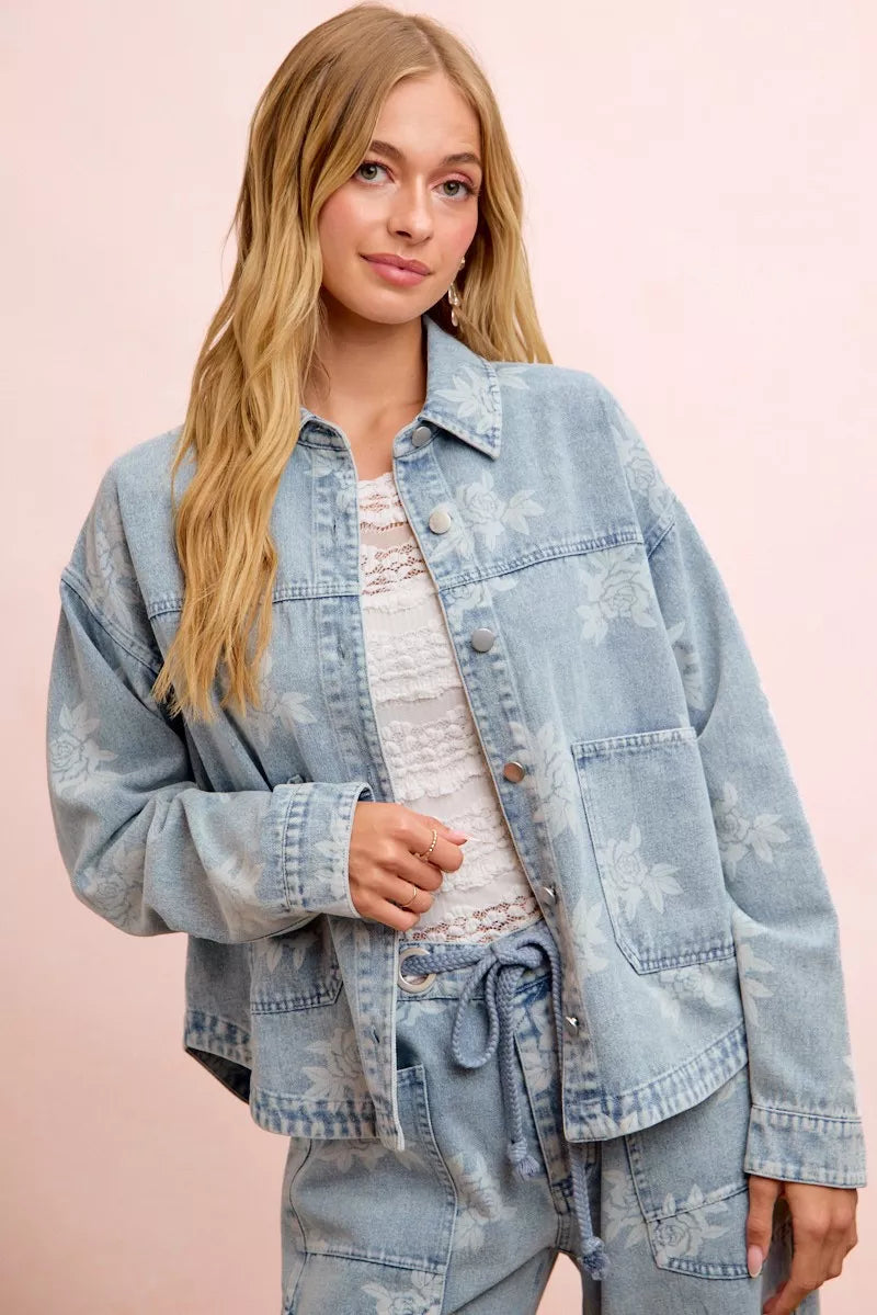 BiBi Printed Washed Denim Jacket With Pocket