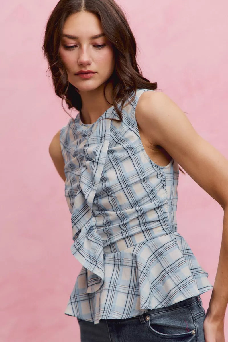 SO ME Plaid Sleeveless Ruffle Peplum Top