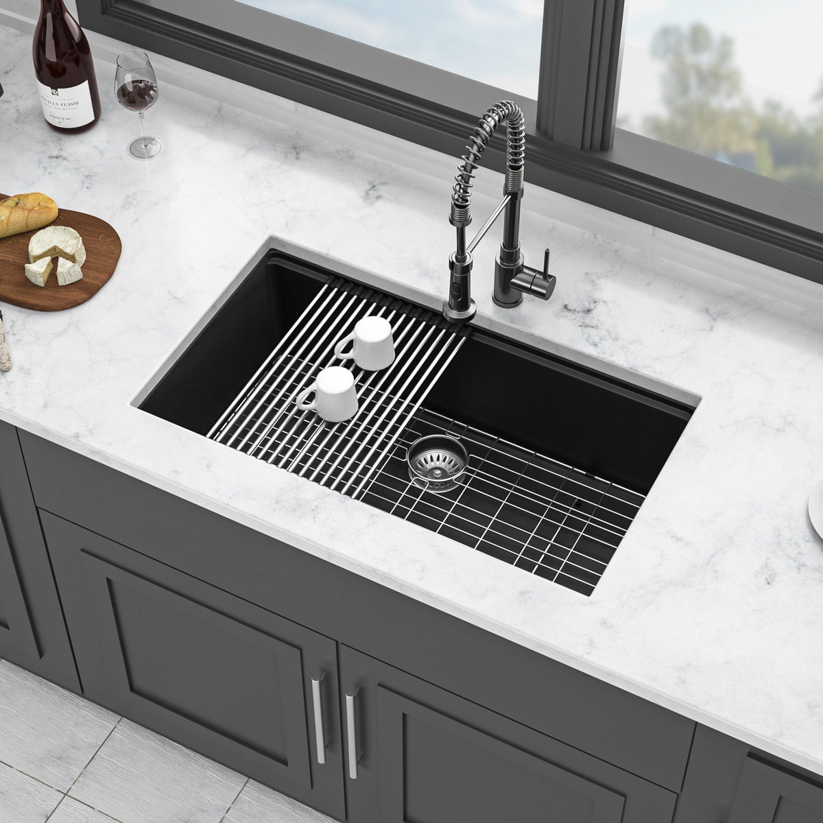 Quartz Composite Kitchen Sink Workstation Undermount 33x19 Inches Black Granite