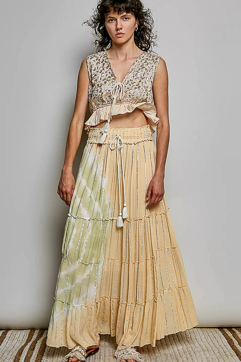 POL Shimmer Tiered Reverse Ruffle Smocked Waist Maxi Skirt