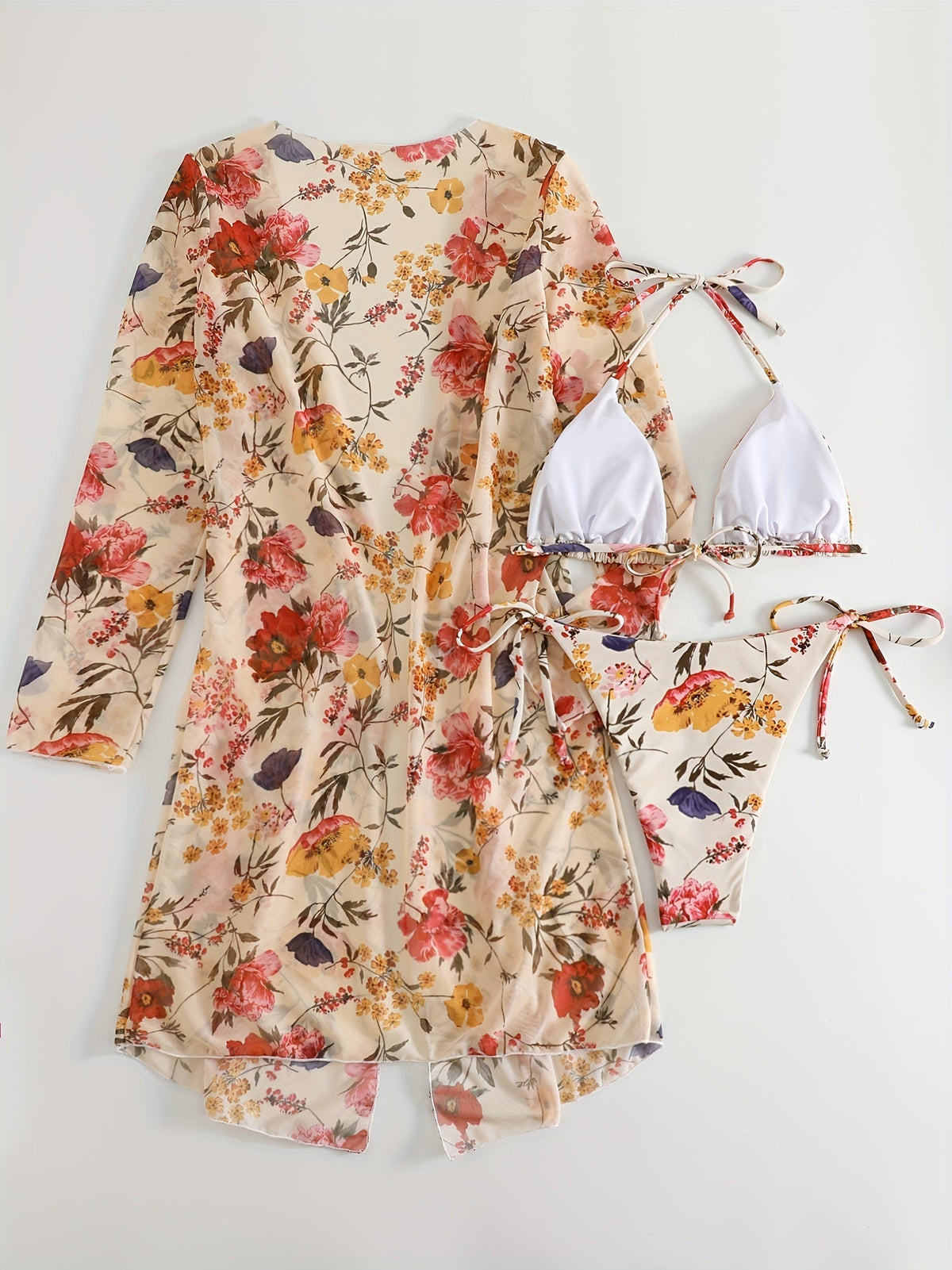 Bikini European Style Floral Print 3 Piece Swimsuit Set for Women – Sexy V Neck Bikini with Cross Strap Detail and Matching Long Sleeve Cover-Up – High Stretch Trendy Swimwear for Summer Beach Vacations Resort Looks and Poolside Fashion