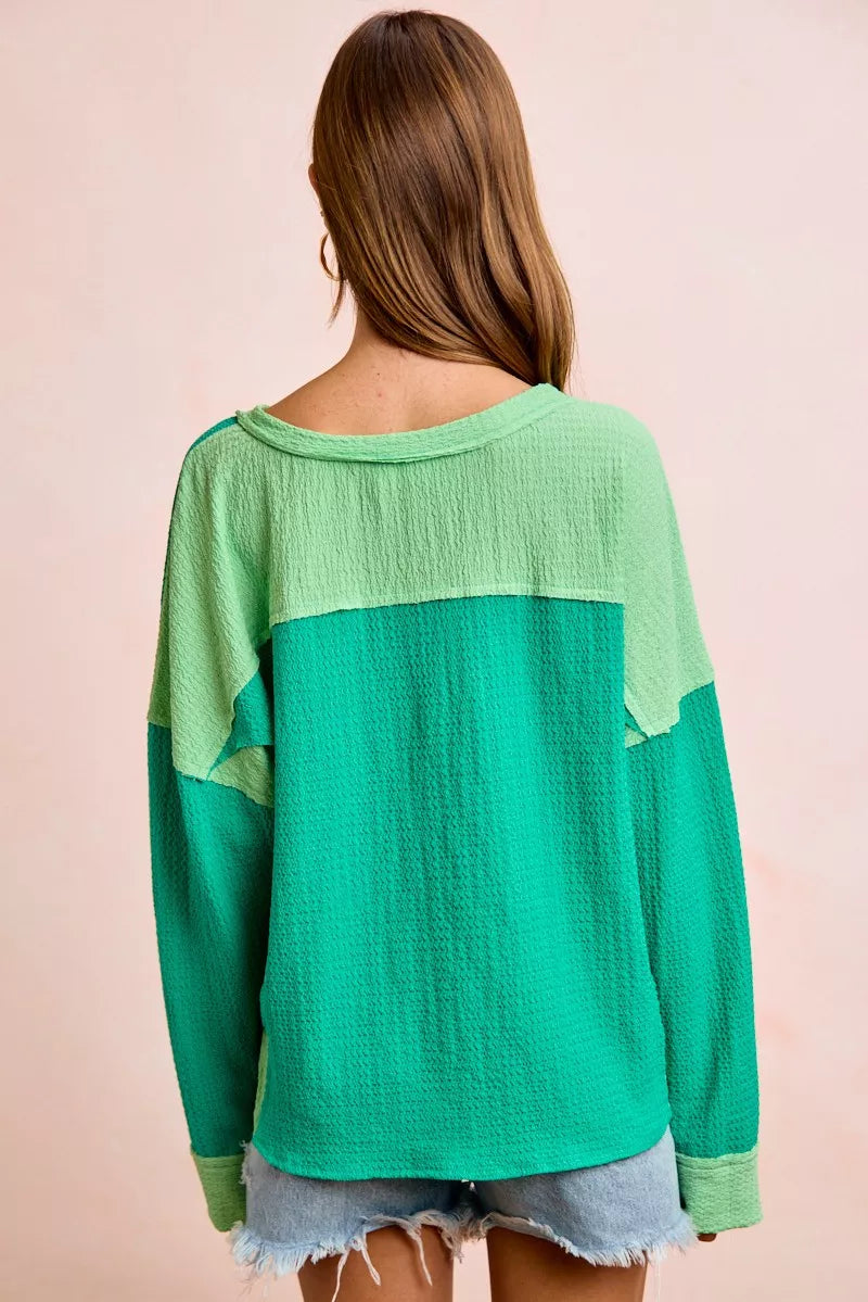 BiBi Textured Jersey Color Block Top With Cut Edge