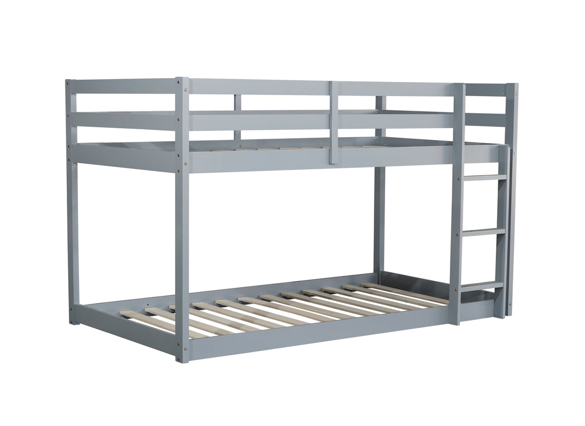Solid Wooden , Solid Rubber Wooden Twin over Twin Floor Bunk Bed with Ladder ,Upper and Bottom Bed Platforms crafted with Strengthened Slats ,Grey
