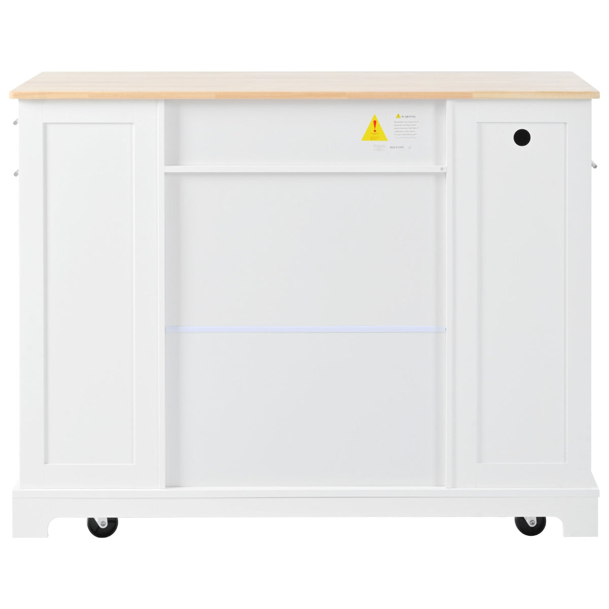 K&K Fluted Kitchen Island with Trash Can Storage Cabinet, Power Outlet, Internal Storage Rack, Rolling Kitchen Islands on 5 Wheels with 3 Drawer, 3 Open Side Racks for 10 Gallon Garbage Bin, White