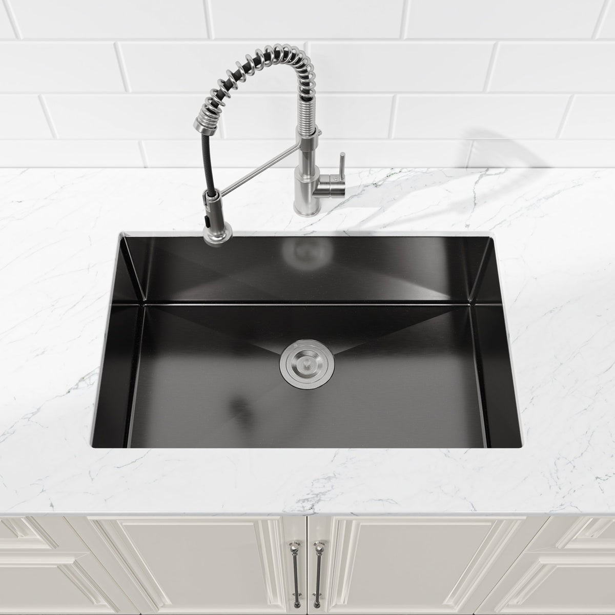 Stainless Steel Kitchen Sink, 27″x19″ Single Bowl, Undermount Handmade Sink in Black, with US Standard Drain and Hook