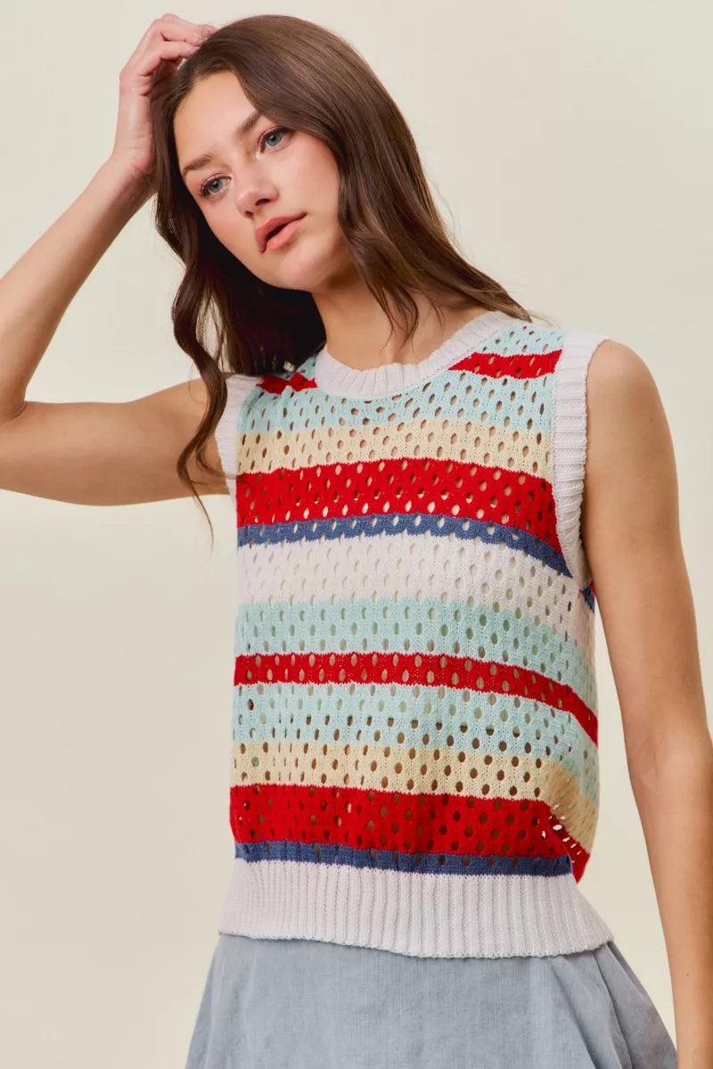 SO ME Tie Back Multi Stripe Sweater Knit Tank Top