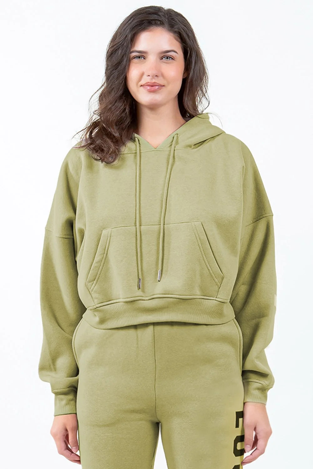 American Bazi Letter Graphic Long Sleeve Drawstring Cropped Hoodie