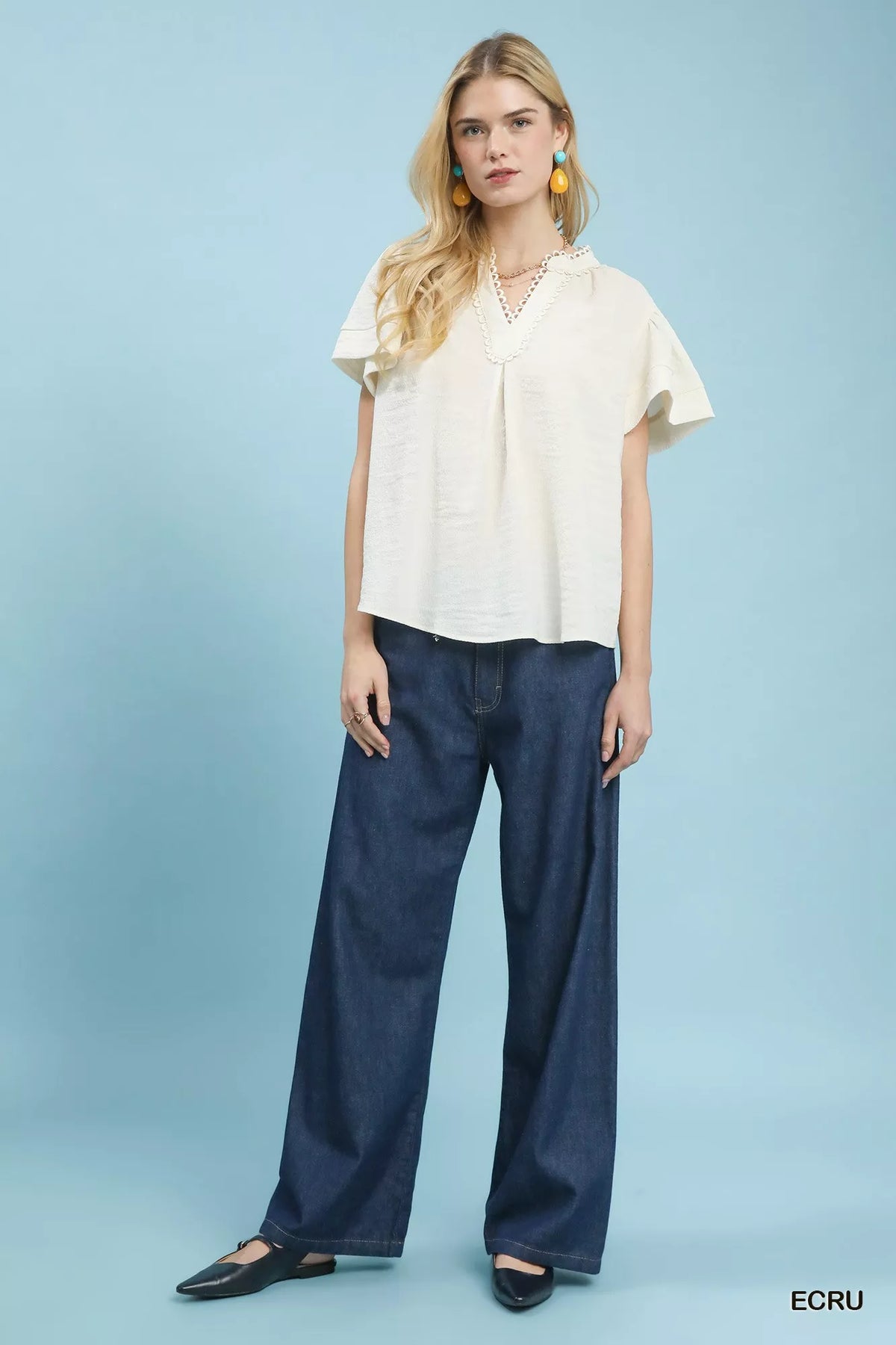 Umgee Seersucker Short Sleeve Top with Lace Trim