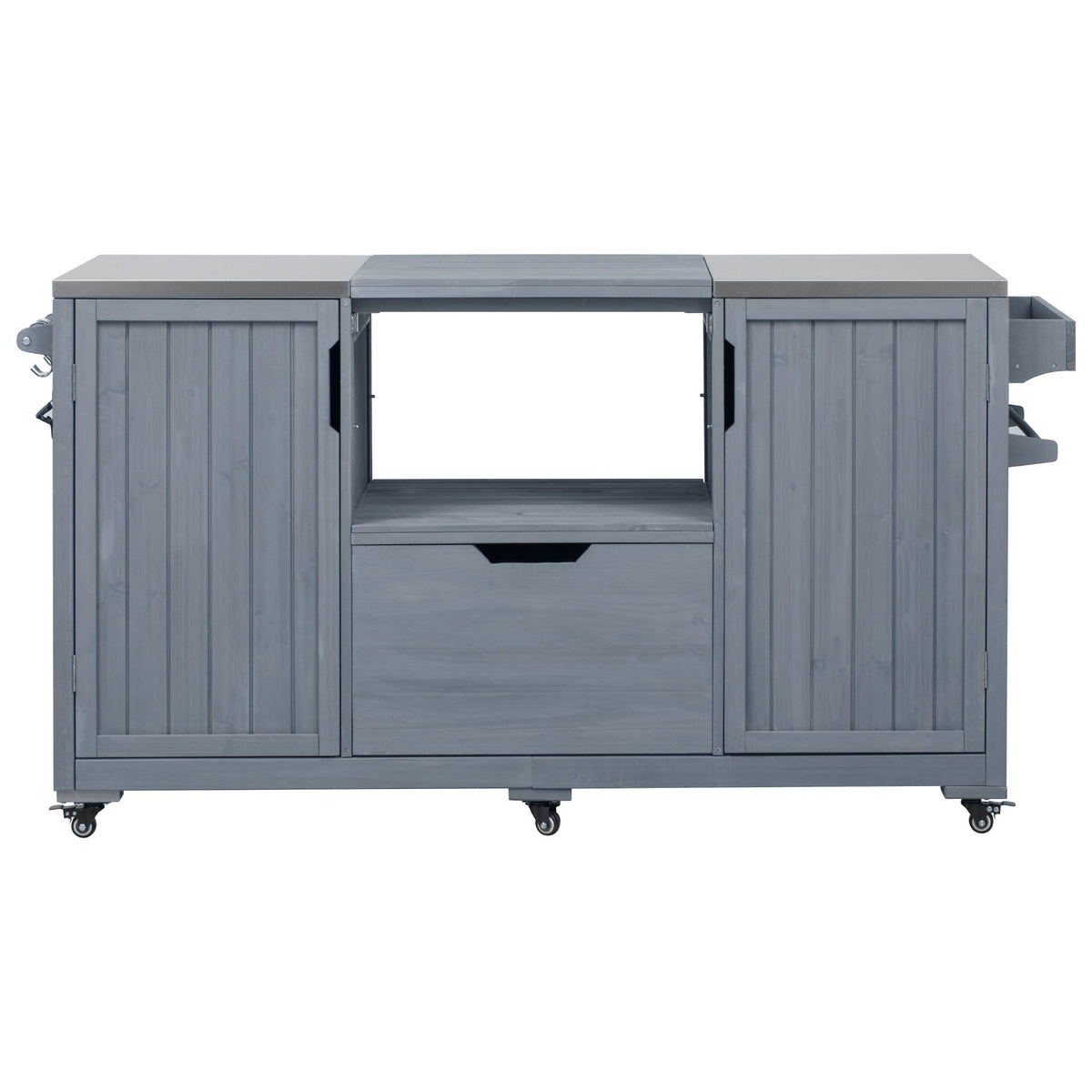 K&K 66.5' Outdoor Kitchen Island for Big Green Egg Grills, Solid Wood Outdoor Grill Cart for Tabletop Grill with Stainless Steel Top, Drawer, Compatible with Large Big Green Egg, Kamado Joe- Grey Blue