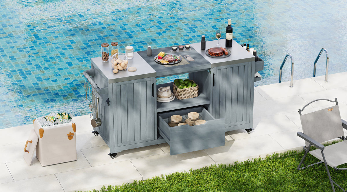 K&K 66.5' Outdoor Kitchen Island for Big Green Egg Grills, Solid Wood Outdoor Grill Cart for Tabletop Grill with Stainless Steel Top, Drawer, Compatible with Large Big Green Egg, Kamado Joe- Grey Blue