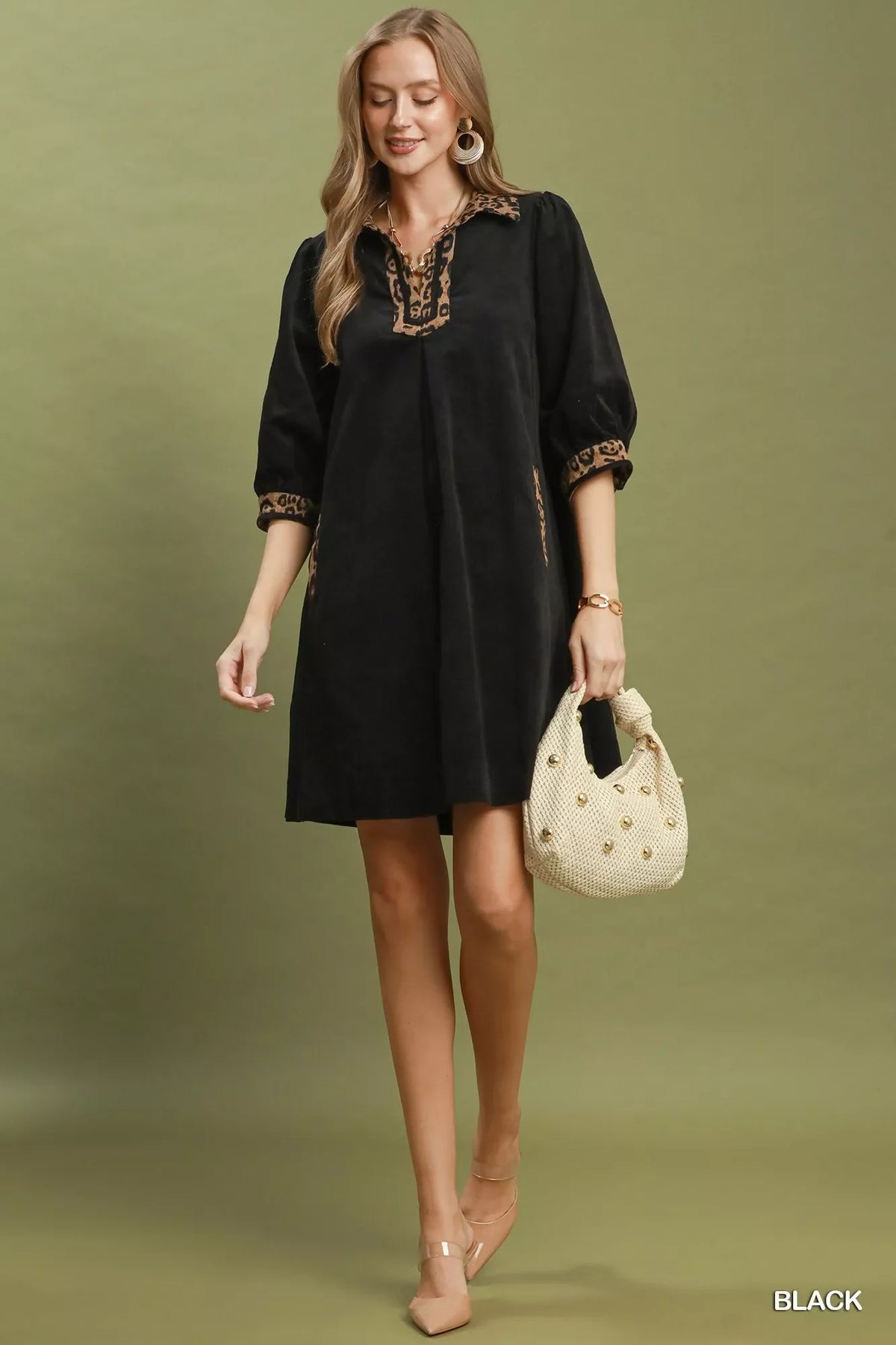 Umgee V-Neck Shift Dress with Contrast Trim