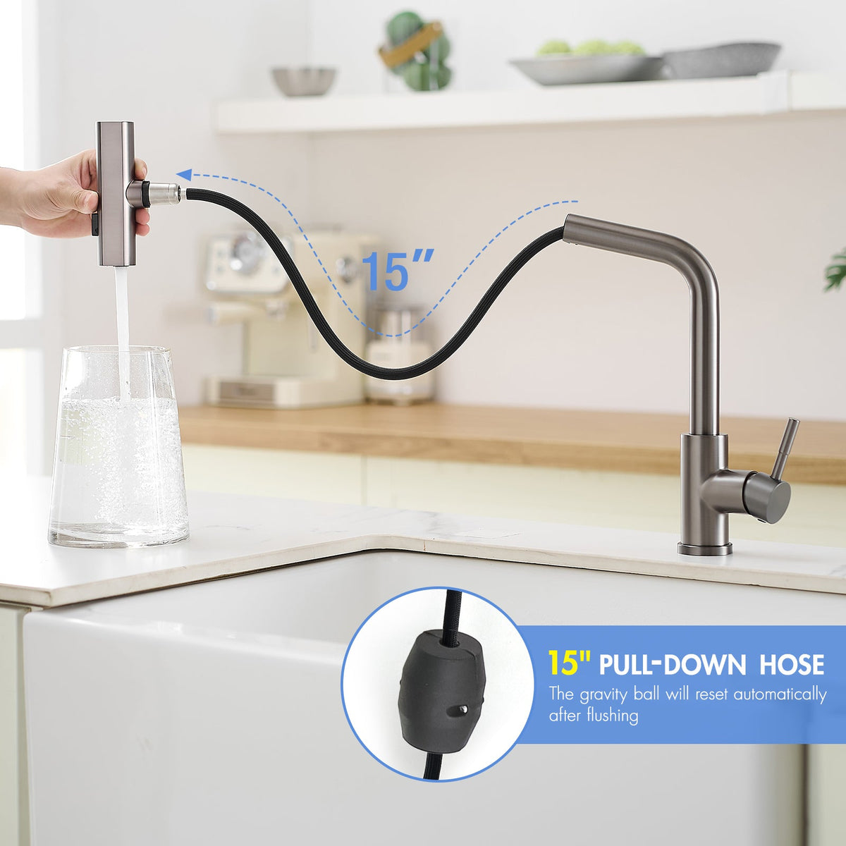 360° Rotation Pull-Down Kitchen Faucet with 3 Spray Modes -Gun Grey /Stainless Steel High-Arc Sink Faucet