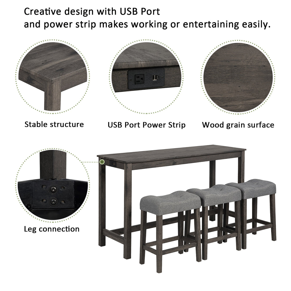 4 Piece Bar Table Set with Power Outlet, Bar Table Set with Chairs, Sofa Bar Table with Stools, Behind Couch Table with 3 Padded Stools, for Living Room, Dining room, Dark Gray