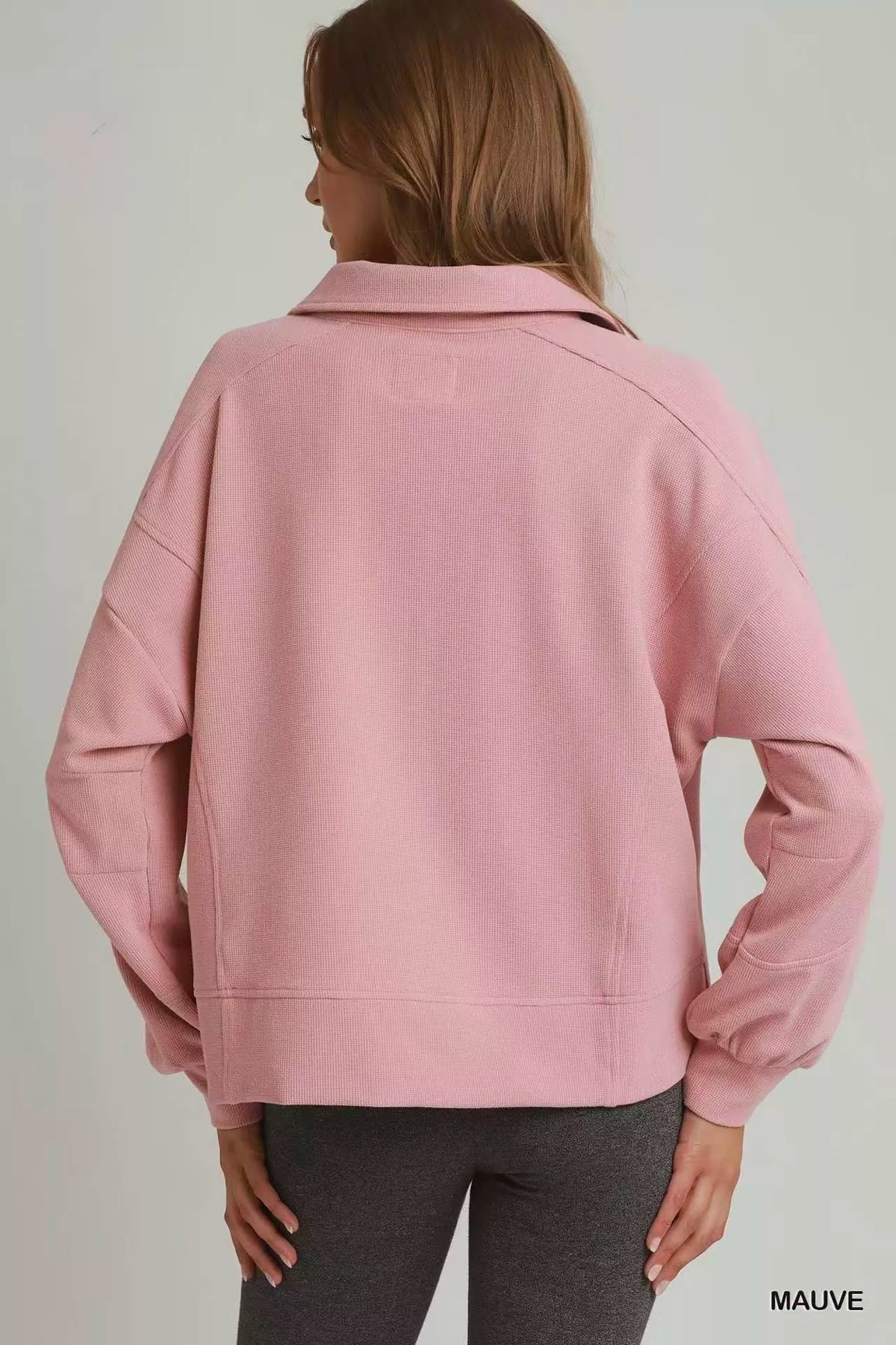 Umgee Brushed Waffle Polo Collared Pullover